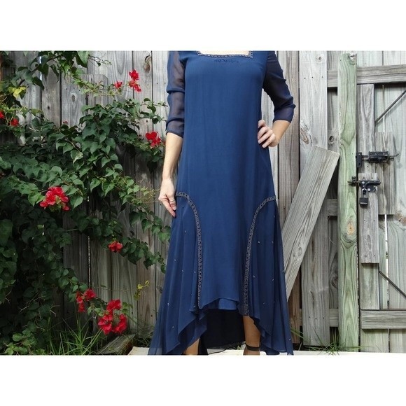 Vintage 80s Dress Boho Minimalist Beaded Flowy Wednesdays Child - - Picture 1 of 7